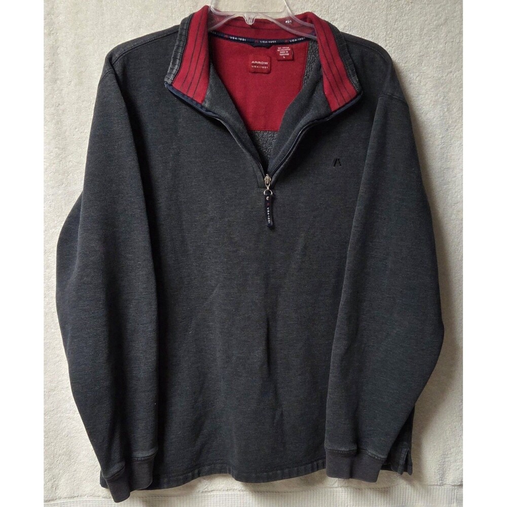 Arrow USA 1851 Mens Large 1/4 Zip Pullover Sweatshirt Gray Red Fleece Sweater L